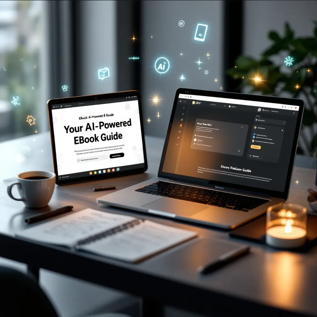 A modern workspace featuring a sleek laptop and tablet displaying an eBook guide titled 'Your AI-Powered EBook Guide,' with glowing AI icons, a coffee cup, and a notebook, symbolizing the creative and digital process of eBook creation