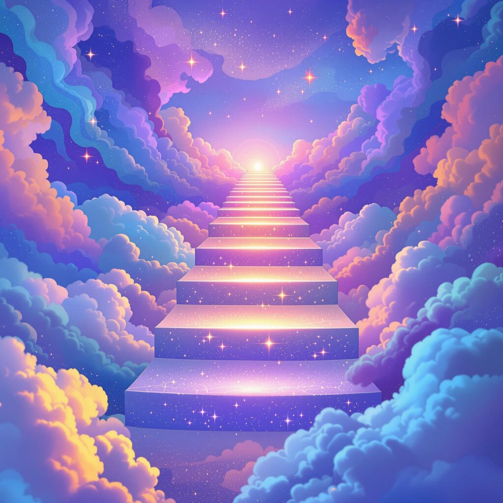 A series of floating, glowing steps leading into a vibrant, dreamy sky filled with soft clouds and abstract, colorful patterns. Each step radiates light, symbolizing the transformative journey of building habits. The sky shifts between hues of deep blue, purple, and gold, creating an ethereal and uplifting atmosphere.