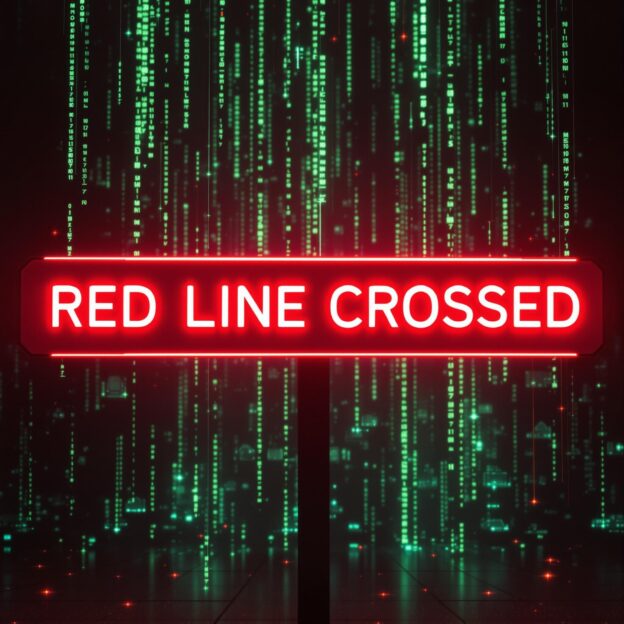 A futuristic red warning sign reading "Red Line Crossed" glows intensely, dominating the center of the image. The background features a cascade of digital code in green and blue, resembling a virtual waterfall, while digital replicas of AI systems and neural networks form ominously in the distance. The atmosphere is tense and foreboding, with harsh red lighting and dark shadows reinforcing the warning's urgency. Holographic glitch effects and jagged edges around the sign heighten the alarmist tone, symbolizing the risks of AI self-replication and a critical safety breach.