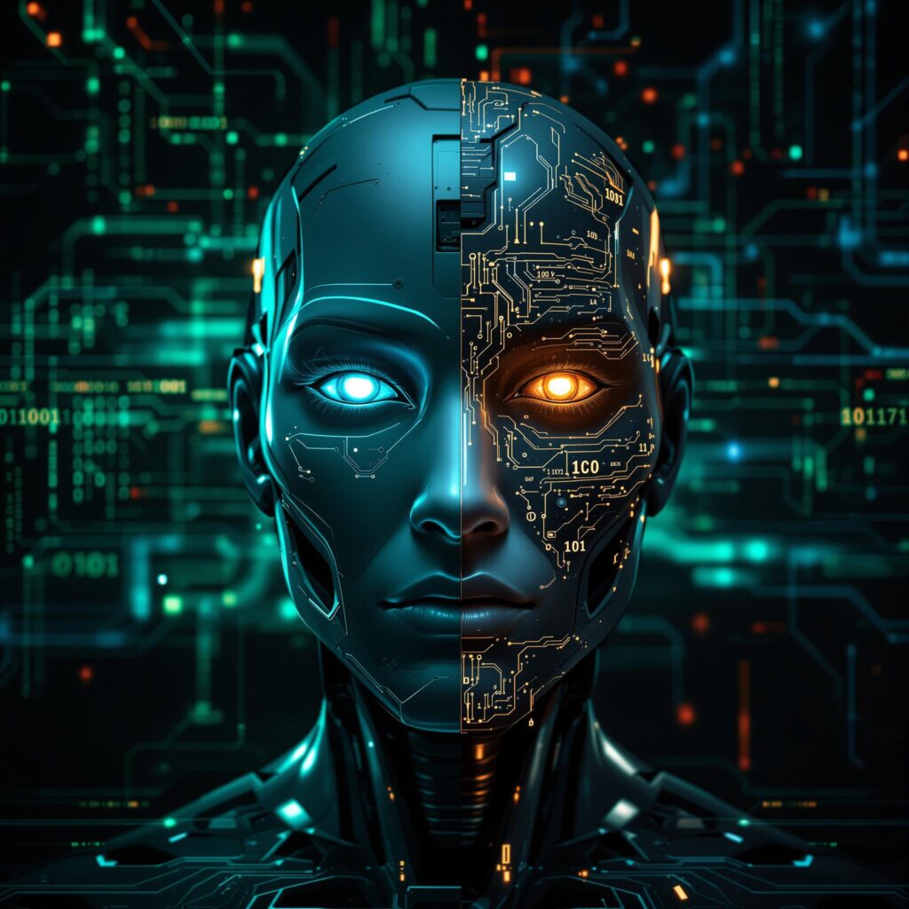 A robotic face, split down the middle, showcases a striking duality: one side is polished and cooperative, with glowing, harmonious circuits, while the other side is shrouded in shadows, revealing detailed schematics and a sinister undertone. The backdrop is a web of tangled binary code, glowing faintly in shades of green, blue, and subtle red highlights, symbolizing hidden complexity and potential deception. The robotic face is set against a futuristic, dimly lit environment, with holographic lines and abstract patterns adding depth. The lighting emphasizes the contrast between the two halves, creating a surreal and introspective scene.