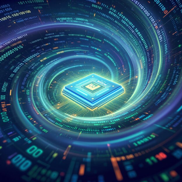 A glowing quantum chip (representing Willow) at the center of a swirling vortex of time and binary code. The vortex spirals inward toward the chip, symbolizing the collapse of time and the overwhelming computational power of quantum mechanics. Numbers, binary digits, and faint traces of multiverse-like layers orbit the vortex, emphasizing Willow's ability to perform computations that exceed the scope of classical machines. The overall aesthetic is futuristic, with a blend of deep blues, neon greens, and vibrant purples, evoking a sense of wonder and infinite possibilities.