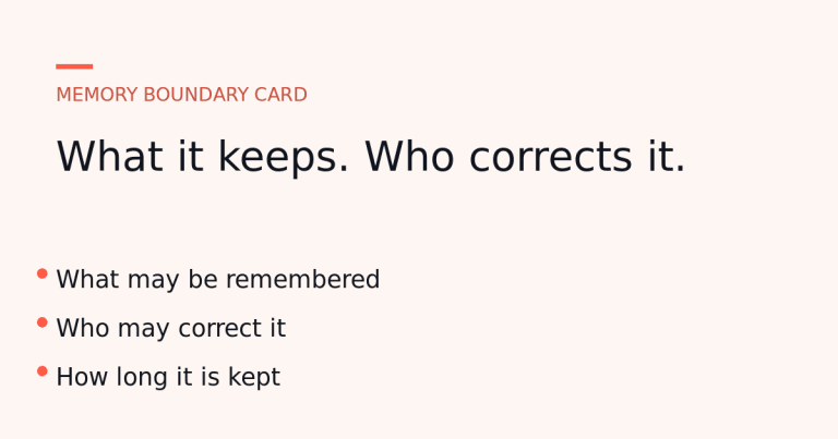 A memory boundary card listing what an AI retains, who may correct it, and how long it is kept.