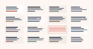 Sixteen article layouts arranged in a grid, each with different colours and text-block widths, overlaid by one identical faint wireframe showing they all share the same underlying structure.
