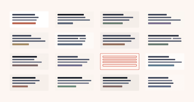 Sixteen article layouts arranged in a grid, each with different colours and text-block widths, overlaid by one identical faint wireframe showing they all share the same underlying structure.